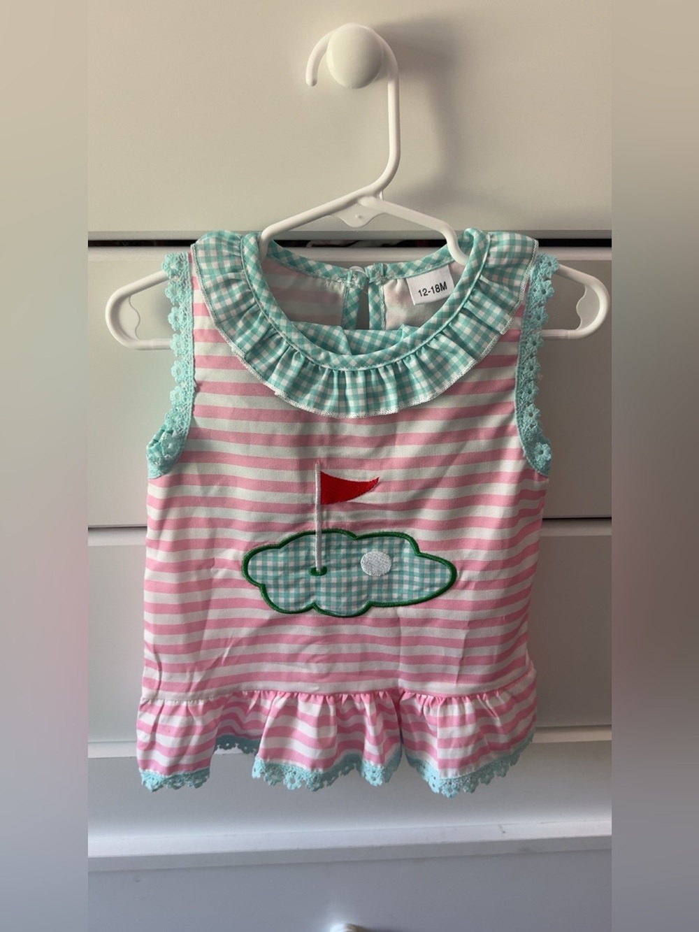 Girls Pink & Mint Striped Ruffle Golf Tank Top
